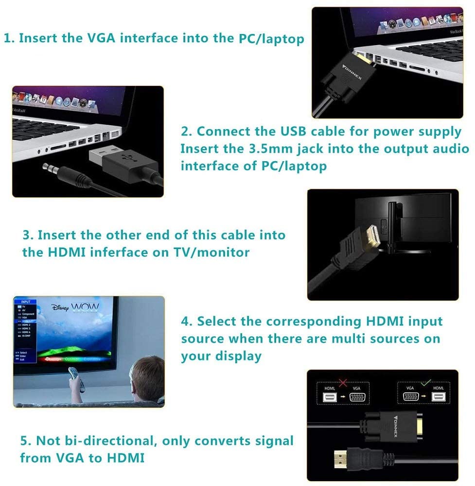 FOINNEX VGA to HDMI Adapter/Converter Cable with Audio,1080P,Convert VGA Source (PC) in HDMI Connector of Monitor,TV. Active Male VGA-HDMI Out Lead Video Adattatore Cord for Computer,Laptop,Projector FOINNEX VGA to HDMI Adapter/Converter Cable with Audio,1080P,Convert VGA Source (PC) in HDMI Connector of Monitor,TV. Active Male VGA-HDMI Out Lead Video Adattatore Cord for Computer,Laptop,Projector